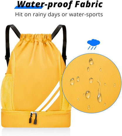 Yellow BALL BAGS BOOK BAGS Drawstring Backpack, Sports Gym Bagwith Shoes Compartment Side Mesh Pockets for Teens Women Men, Water Resistant String Bag