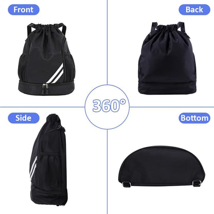 Black BALL BAGS BOOK BAGS Drawstring Backpack, Sports Gym Bagwith Shoes Compartment Side Mesh Pockets for Teens Women Men, Water Resistant String Bag