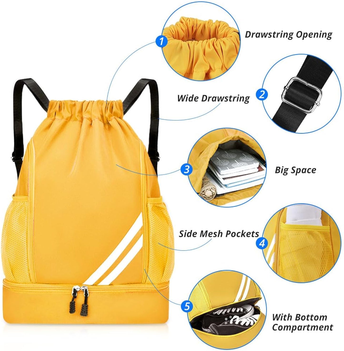 Yellow BALL BAGS BOOK BAGS Drawstring Backpack, Sports Gym Bagwith Shoes Compartment Side Mesh Pockets for Teens Women Men, Water Resistant String Bag