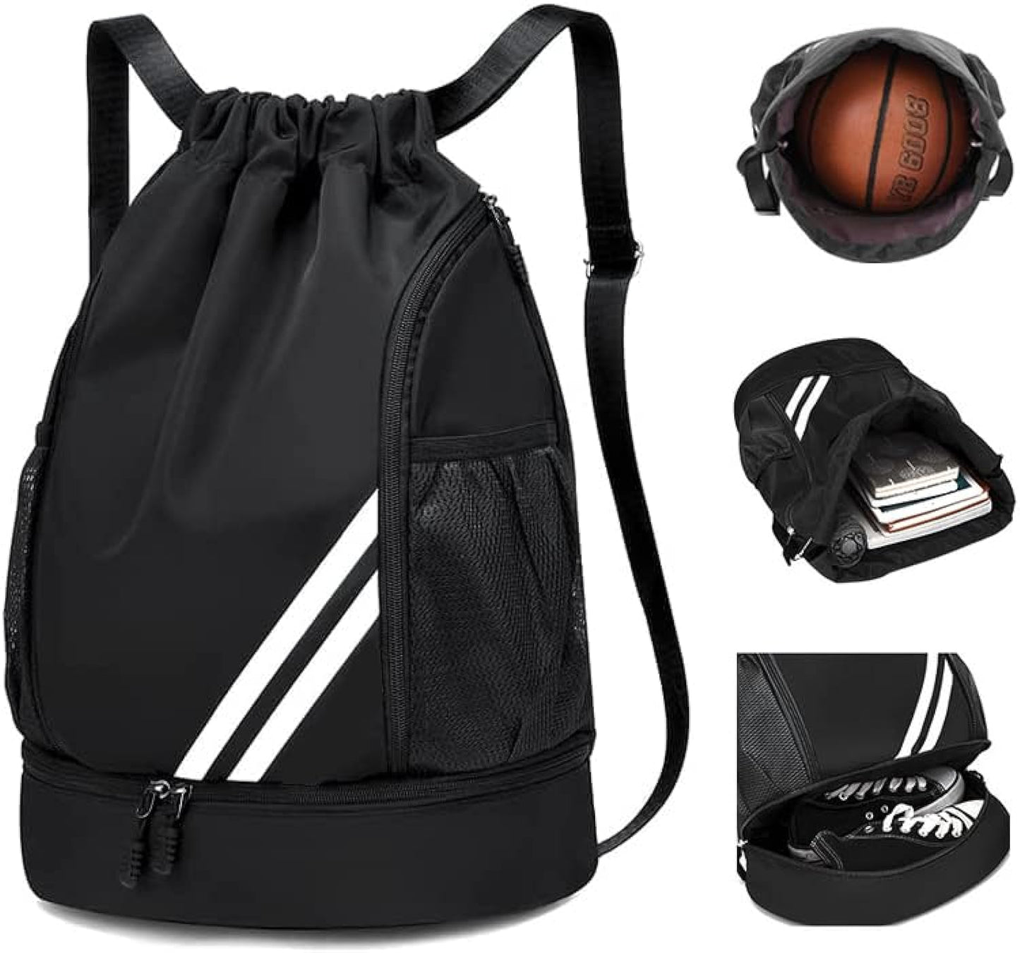 Black BALL BAGS BOOK BAGS Drawstring Backpack, Sports Gym Bagwith Shoes Compartment Side Mesh Pockets for Teens Women Men, Water Resistant String Bag