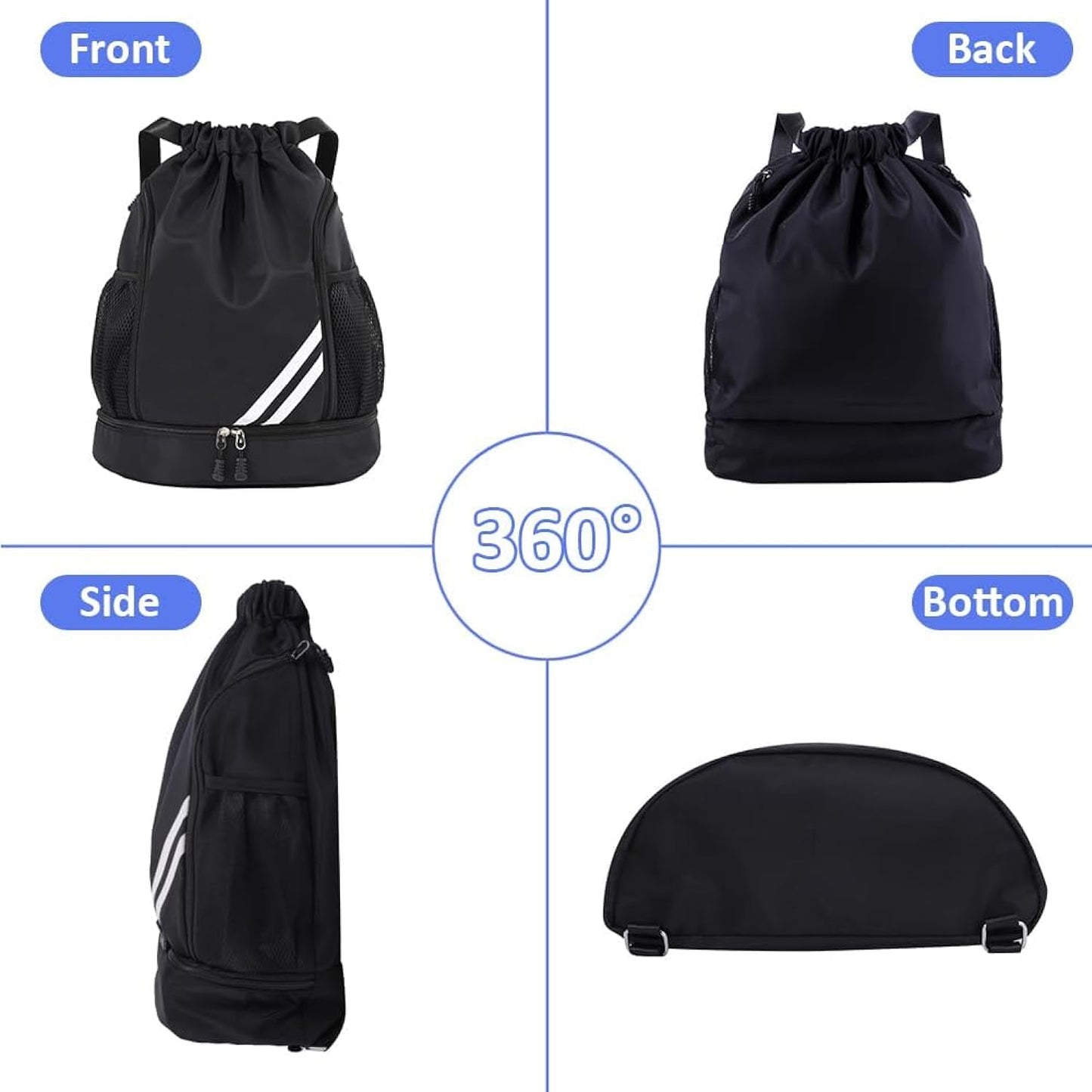 Ball Bag Drawstring Backpack, Sports Gym Bag with Shoes Compartment Side Mesh Pockets for Teens Women Men, Water Resistant String Bag