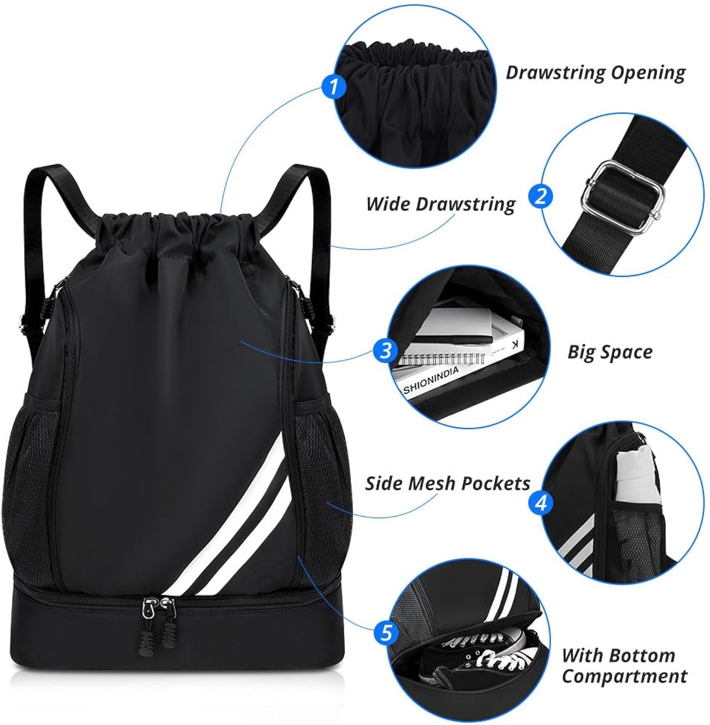 Black BALL BAGS BOOK BAGS Drawstring Backpack, Sports Gym Bagwith Shoes Compartment Side Mesh Pockets for Teens Women Men, Water Resistant String Bag