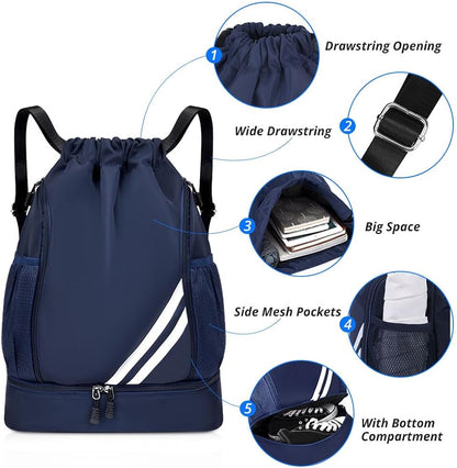 Drawstring Dark Blue BALL BAGS Drawstring Backpack, Sports Gym Bagwith Shoes Compartment Side Mesh Pockets for Teens Women Men, Water Resistant String Bag