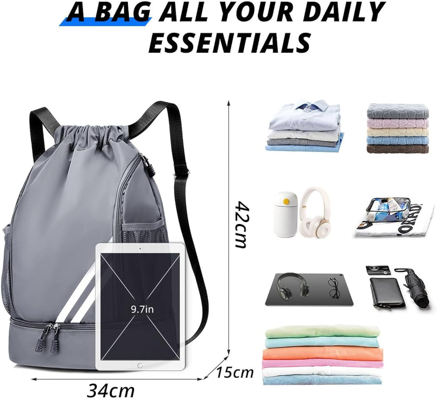 Ball Bag Drawstring Backpack, Sports Gym Bag with Shoes Compartment Side Mesh Pockets for Teens Women Men, Water Resistant String Bag