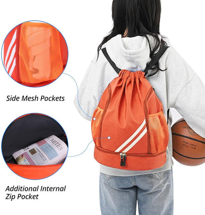 Orange BALL BAGS BOOK BAGS Drawstring Backpack, Sports Gym Bagwith Shoes Compartment Side Mesh Pockets for Teens Women Men, Water Resistant String Bag