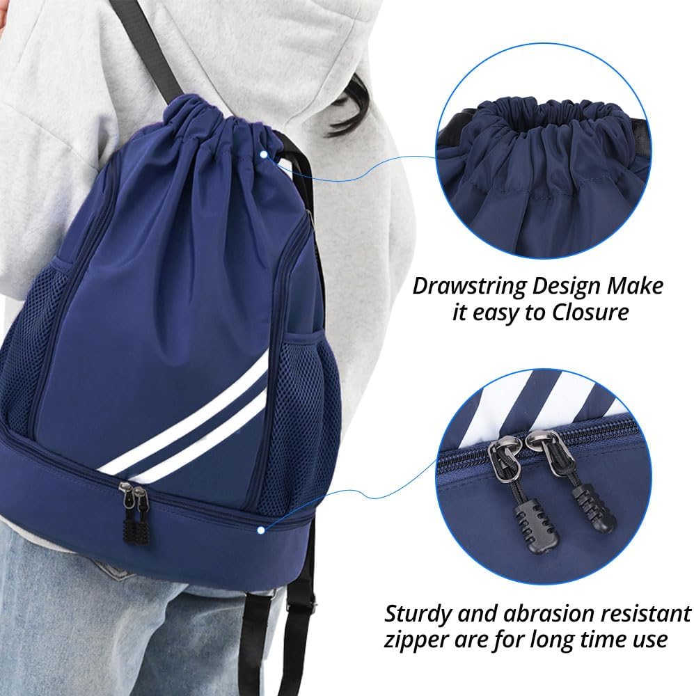 Drawstring Dark Blue BALL BAGS Drawstring Backpack, Sports Gym Bagwith Shoes Compartment Side Mesh Pockets for Teens Women Men, Water Resistant String Bag