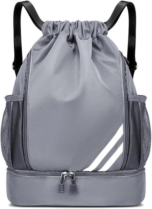 Grey BALL BAGS BOOK BAGS Drawstring Backpack, Sports Gym Bagwith Shoes Compartment Side Mesh Pockets for Teens Women Men, Water Resistant String Bag