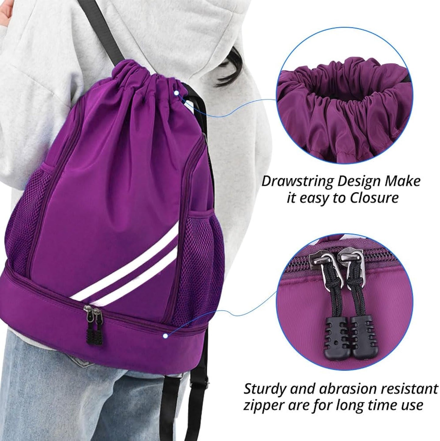 Purple BALL BAGS BOOK BAGS Drawstring Backpack, Sports Gym Bagwith Shoes Compartment Side Mesh Pockets for Teens Women Men, Water Resistant String Bag