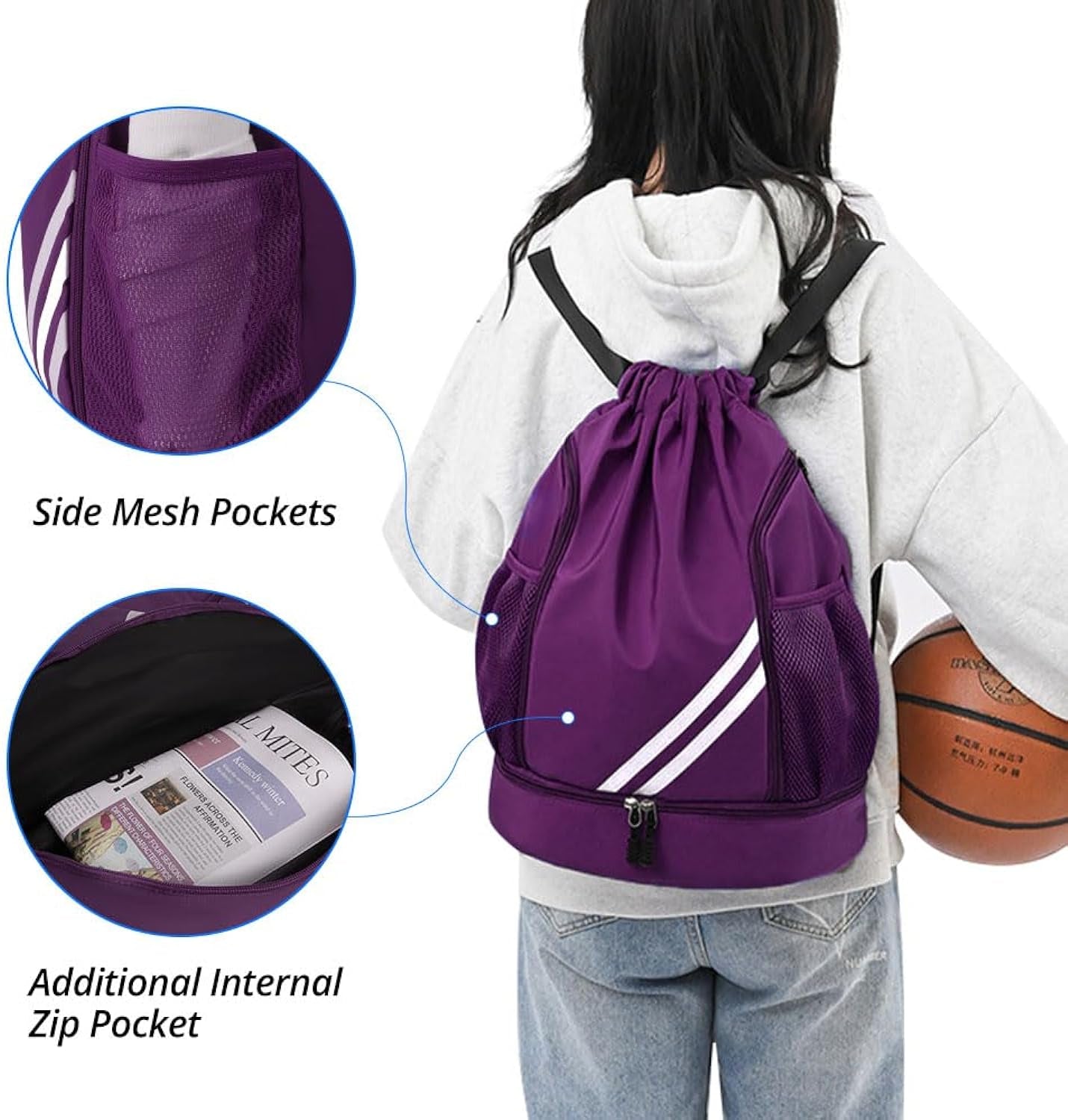 Ball Bag Drawstring Backpack, Sports Gym Bag with Shoes Compartment Side Mesh Pockets for Teens Women Men, Water Resistant String Bag