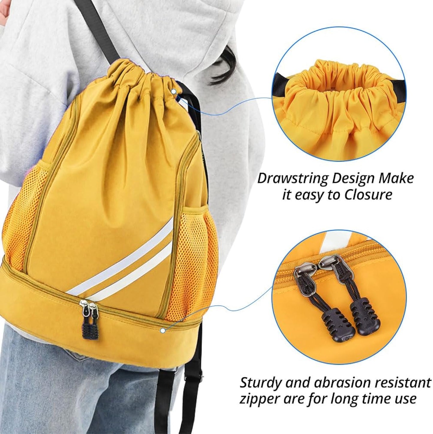 Yellow BALL BAGS BOOK BAGS Drawstring Backpack, Sports Gym Bagwith Shoes Compartment Side Mesh Pockets for Teens Women Men, Water Resistant String Bag