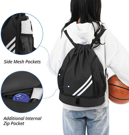 Black BALL BAGS BOOK BAGS Drawstring Backpack, Sports Gym Bagwith Shoes Compartment Side Mesh Pockets for Teens Women Men, Water Resistant String Bag