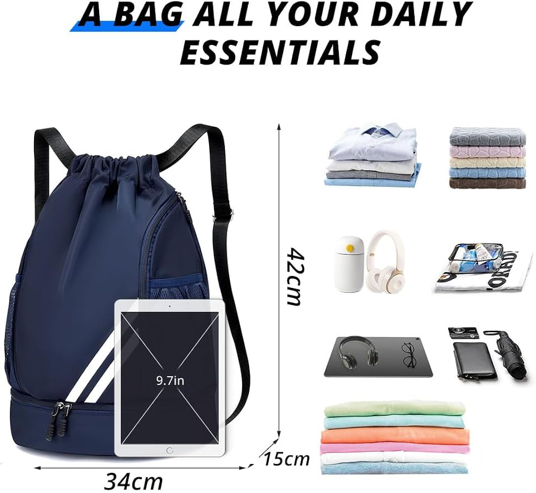 Ball Bag Drawstring Backpack, Sports Gym Bag with Shoes Compartment Side Mesh Pockets for Teens Women Men, Water Resistant String Bag