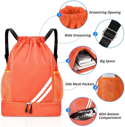 Orange BALL BAGS BOOK BAGS Drawstring Backpack, Sports Gym Bagwith Shoes Compartment Side Mesh Pockets for Teens Women Men, Water Resistant String Bag