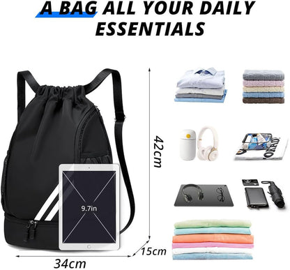 Black BALL BAGS BOOK BAGS Drawstring Backpack, Sports Gym Bagwith Shoes Compartment Side Mesh Pockets for Teens Women Men, Water Resistant String Bag