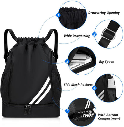 Ball Bag Drawstring Backpack, Sports Gym Bag with Shoes Compartment Side Mesh Pockets for Teens Women Men, Water Resistant String Bag