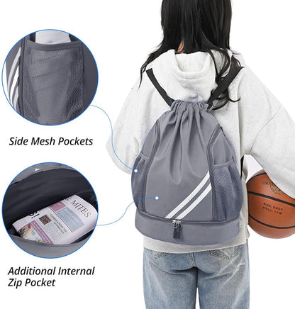 Grey BALL BAGS BOOK BAGS Drawstring Backpack, Sports Gym Bagwith Shoes Compartment Side Mesh Pockets for Teens Women Men, Water Resistant String Bag