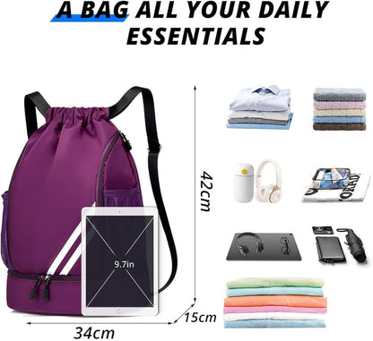 Ball Bag Drawstring Backpack, Sports Gym Bag with Shoes Compartment Side Mesh Pockets for Teens Women Men, Water Resistant String Bag