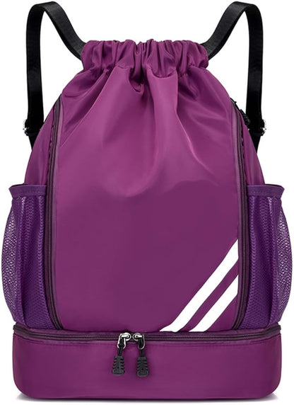 Purple BALL BAGS BOOK BAGS Drawstring Backpack, Sports Gym Bagwith Shoes Compartment Side Mesh Pockets for Teens Women Men, Water Resistant String Bag