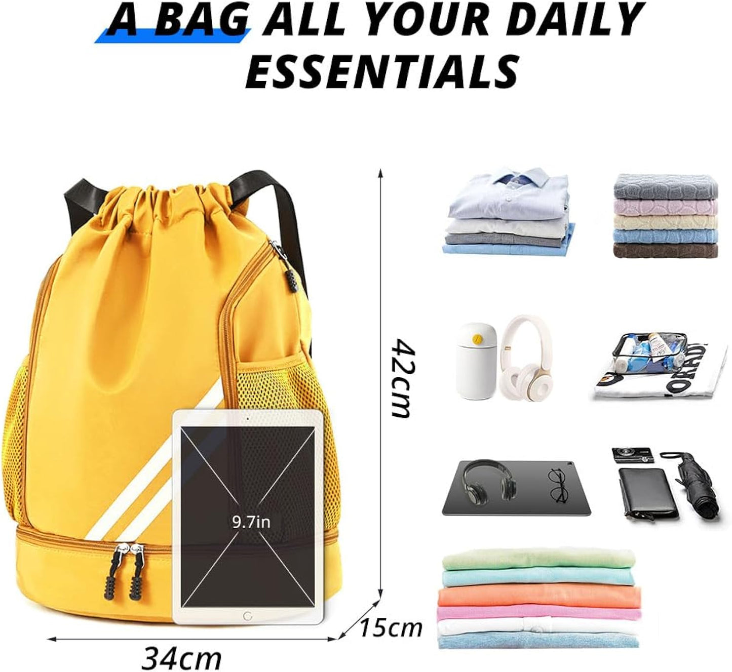 Ball Bag Drawstring Backpack, Sports Gym Bag with Shoes Compartment Side Mesh Pockets for Teens Women Men, Water Resistant String Bag