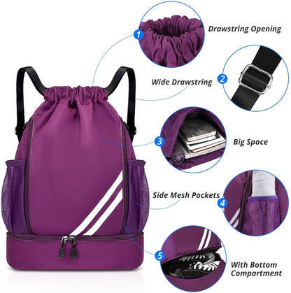 Ball Bag Drawstring Backpack, Sports Gym Bag with Shoes Compartment Side Mesh Pockets for Teens Women Men, Water Resistant String Bag