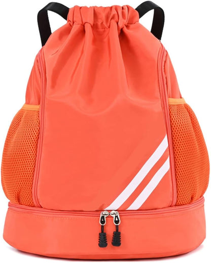 Orange BALL BAGS BOOK BAGS Drawstring Backpack, Sports Gym Bagwith Shoes Compartment Side Mesh Pockets for Teens Women Men, Water Resistant String Bag