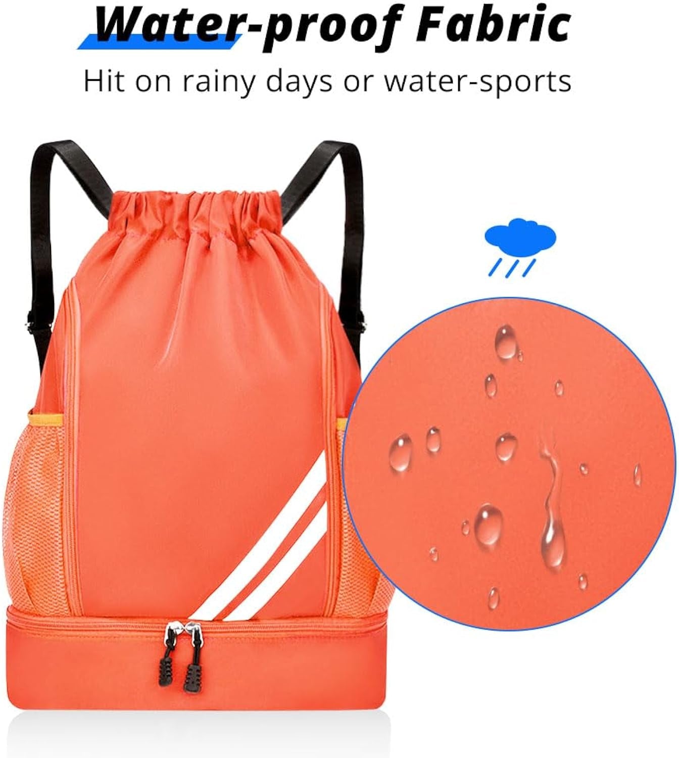 Orange BALL BAGS BOOK BAGS Drawstring Backpack, Sports Gym Bagwith Shoes Compartment Side Mesh Pockets for Teens Women Men, Water Resistant String Bag