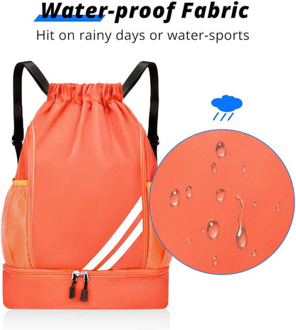 Orange BALL BAGS BOOK BAGS Drawstring Backpack, Sports Gym Bagwith Shoes Compartment Side Mesh Pockets for Teens Women Men, Water Resistant String Bag