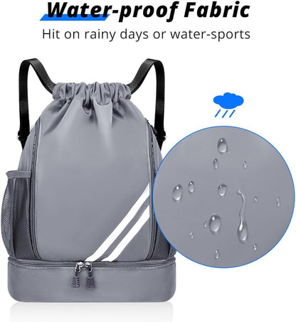 Grey BALL BAGS BOOK BAGS Drawstring Backpack, Sports Gym Bagwith Shoes Compartment Side Mesh Pockets for Teens Women Men, Water Resistant String Bag