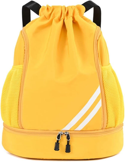 Ball Bag Drawstring Backpack, Sports Gym Bag with Shoes Compartment Side Mesh Pockets for Teens Women Men, Water Resistant String Bag