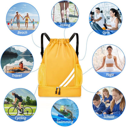 Ball Bag Drawstring Backpack, Sports Gym Bag with Shoes Compartment Side Mesh Pockets for Teens Women Men, Water Resistant String Bag