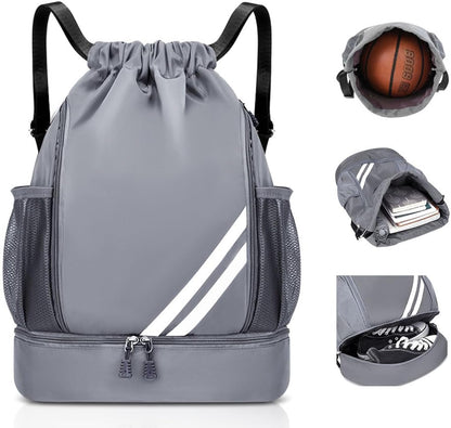 Ball Bag Drawstring Backpack, Sports Gym Bag with Shoes Compartment Side Mesh Pockets for Teens Women Men, Water Resistant String Bag