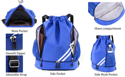 Drawstring Blue BALL BAGS BOOK BAGS Drawstring Backpack, Sports Gym Bagwith Shoes Compartment Side Mesh Pockets for Teens Women Men, Water Resistant String Bag