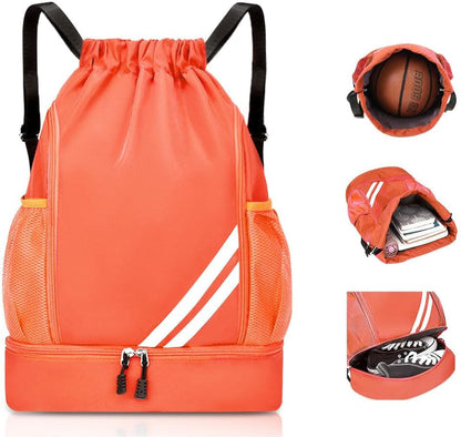 Orange BALL BAGS BOOK BAGS Drawstring Backpack, Sports Gym Bagwith Shoes Compartment Side Mesh Pockets for Teens Women Men, Water Resistant String Bag