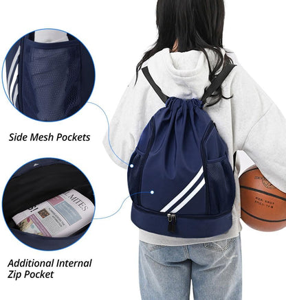 Drawstring Dark Blue BALL BAGS Drawstring Backpack, Sports Gym Bagwith Shoes Compartment Side Mesh Pockets for Teens Women Men, Water Resistant String Bag