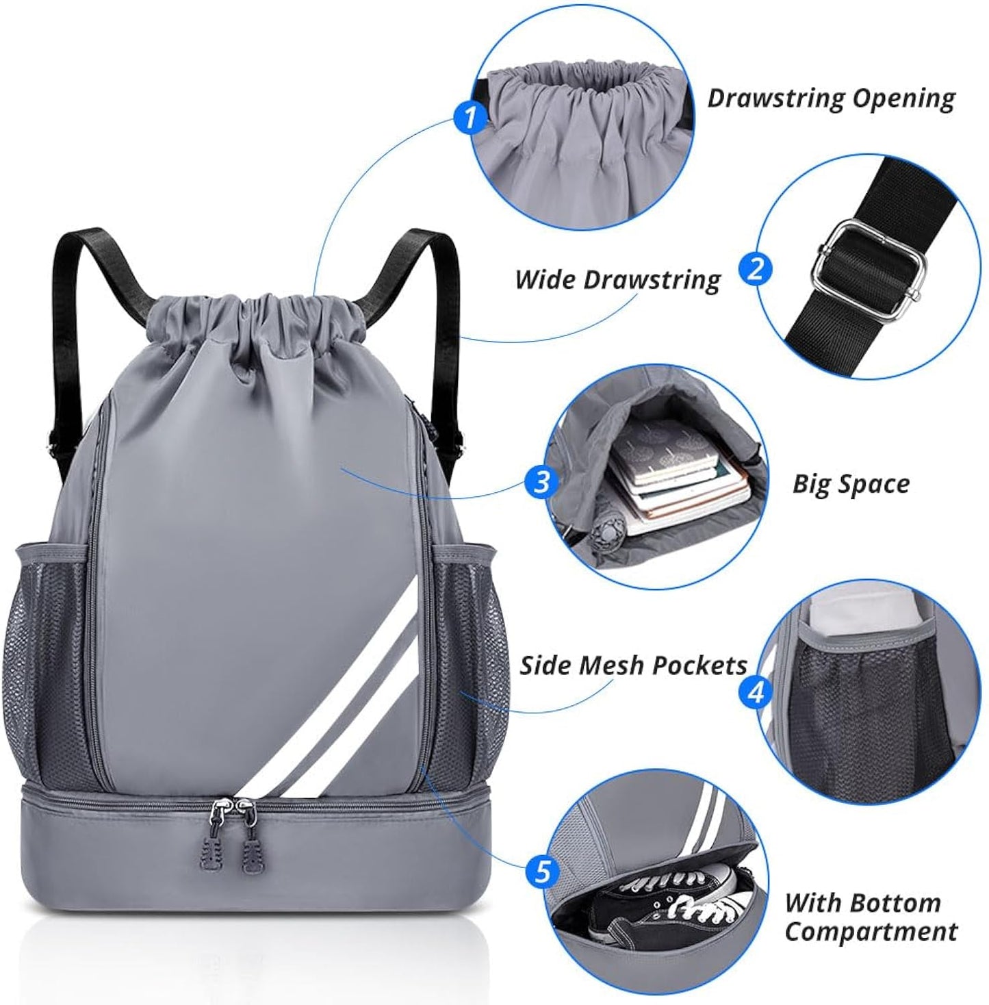 Ball Bag Drawstring Backpack, Sports Gym Bag with Shoes Compartment Side Mesh Pockets for Teens Women Men, Water Resistant String Bag