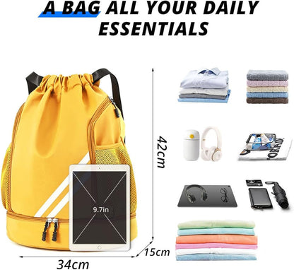 Yellow BALL BAGS BOOK BAGS Drawstring Backpack, Sports Gym Bagwith Shoes Compartment Side Mesh Pockets for Teens Women Men, Water Resistant String Bag