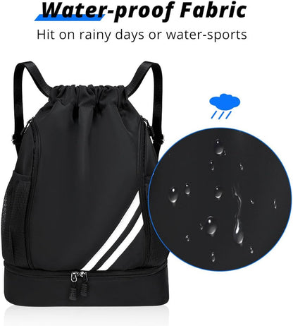 Black BALL BAGS BOOK BAGS Drawstring Backpack, Sports Gym Bagwith Shoes Compartment Side Mesh Pockets for Teens Women Men, Water Resistant String Bag