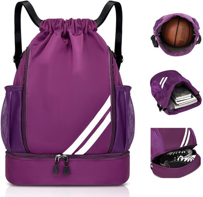 Purple BALL BAGS BOOK BAGS Drawstring Backpack, Sports Gym Bagwith Shoes Compartment Side Mesh Pockets for Teens Women Men, Water Resistant String Bag