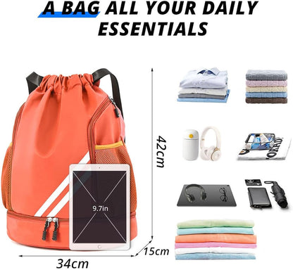 Orange BALL BAGS BOOK BAGS Drawstring Backpack, Sports Gym Bagwith Shoes Compartment Side Mesh Pockets for Teens Women Men, Water Resistant String Bag