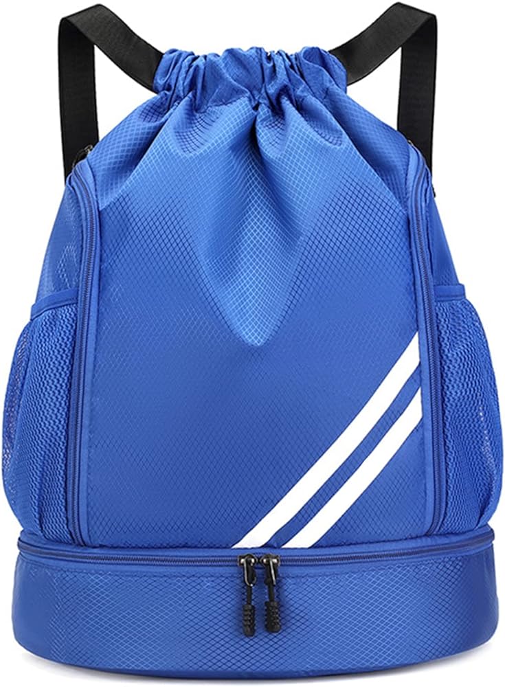 Drawstring Blue BALL BAGS BOOK BAGS Drawstring Backpack, Sports Gym Bagwith Shoes Compartment Side Mesh Pockets for Teens Women Men, Water Resistant String Bag