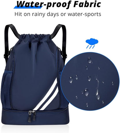 Drawstring Dark Blue BALL BAGS Drawstring Backpack, Sports Gym Bagwith Shoes Compartment Side Mesh Pockets for Teens Women Men, Water Resistant String Bag