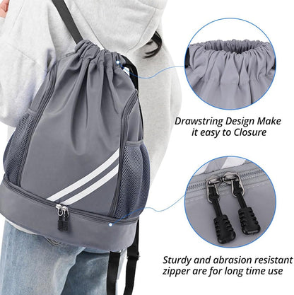 Grey BALL BAGS BOOK BAGS Drawstring Backpack, Sports Gym Bagwith Shoes Compartment Side Mesh Pockets for Teens Women Men, Water Resistant String Bag