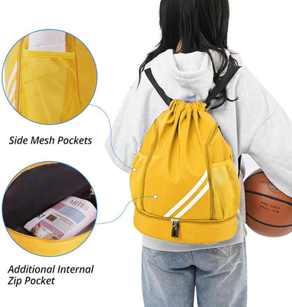 Yellow BALL BAGS BOOK BAGS Drawstring Backpack, Sports Gym Bagwith Shoes Compartment Side Mesh Pockets for Teens Women Men, Water Resistant String Bag