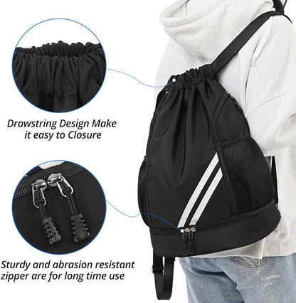 Ball Bag Drawstring Backpack, Sports Gym Bag with Shoes Compartment Side Mesh Pockets for Teens Women Men, Water Resistant String Bag