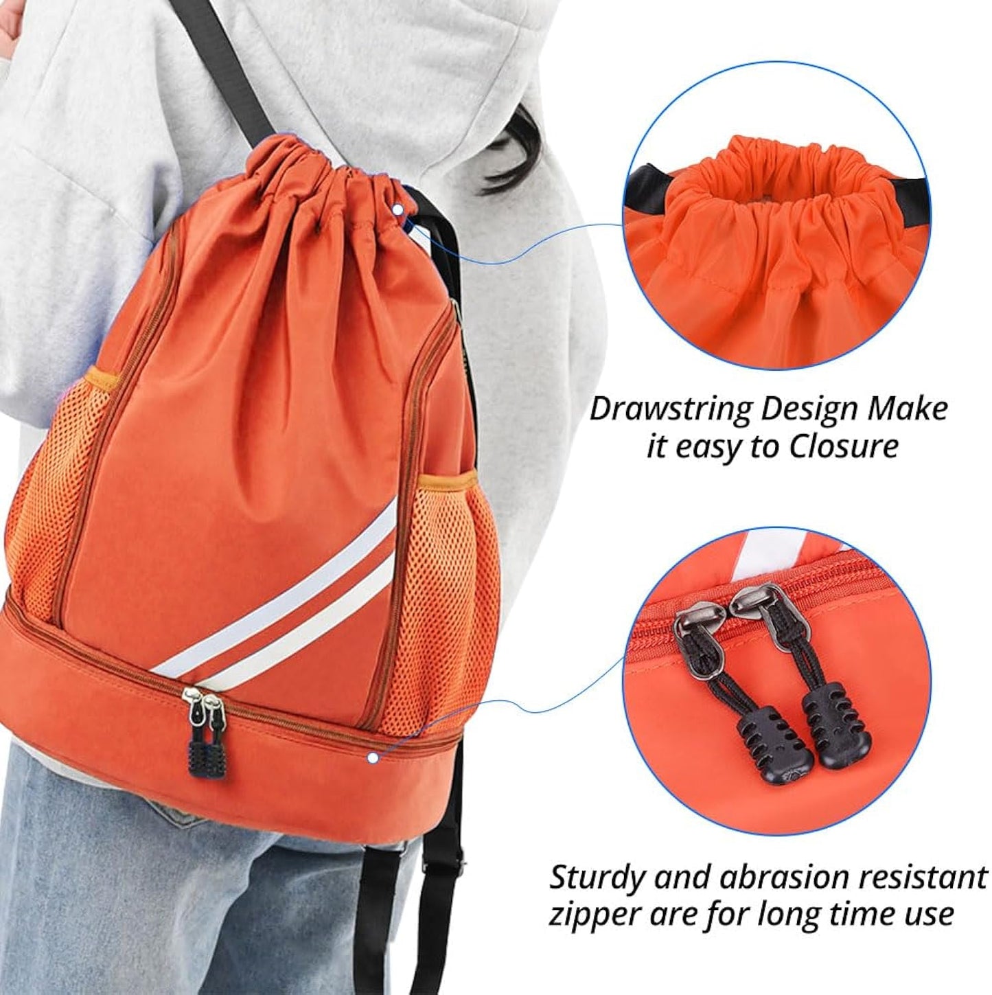 Orange BALL BAGS BOOK BAGS Drawstring Backpack, Sports Gym Bagwith Shoes Compartment Side Mesh Pockets for Teens Women Men, Water Resistant String Bag