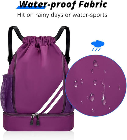 Purple BALL BAGS BOOK BAGS Drawstring Backpack, Sports Gym Bagwith Shoes Compartment Side Mesh Pockets for Teens Women Men, Water Resistant String Bag