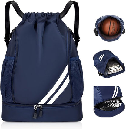 Drawstring Dark Blue BALL BAGS Drawstring Backpack, Sports Gym Bagwith Shoes Compartment Side Mesh Pockets for Teens Women Men, Water Resistant String Bag