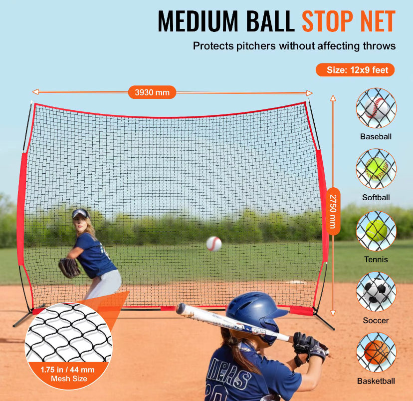 A baseball stop net shown in a baseball field with two players, plus overlaid size and mesh information. The product is a rectangular white net with red side supports and black mesh, labeled as medium ball stop net, 12x9 feet, 3930 mm by 2730 mm, with mesh size 1.