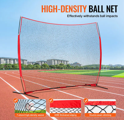 A high-density ball net sports goal with a red frame and black netting, shown on an outdoor running track with buildings in the background. Text at the top reads 'HIGH-DENSITY BALL NET' and there are three feature callout panels at the bottom highlighting the net's weave, stitched edging, and double-seam stitching.