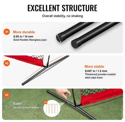 An informational product graphic with the headline 'EXCELLENT STRUCTURE' and four labeled callouts explaining durability, stability, and safety. The image shows close-up views of black metal and fiberglass poles, a red-and-black net, and a hand attaching ground stakes on artificial turf.